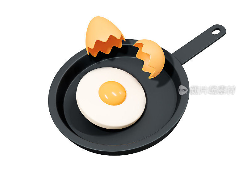3D Cracking egg into frying pan. Cooking breakfast. Realistic fried egg emoji. Healthy morning meal. Omelet on skillet. Cartoon creative design icon isolated on white background. 3D Rendering